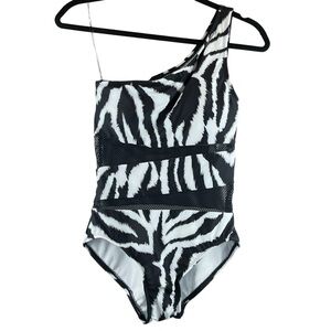 NWOT Carmen Marc Valvo One Shoulder Zebra Print Sheer Mesh One Piece Swimsuit 6